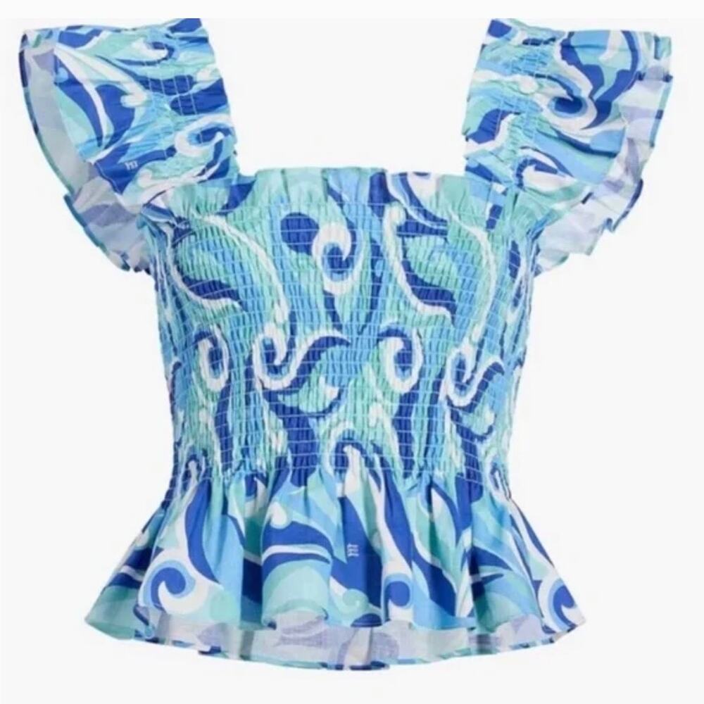 Hill House The Paz Cropped Smocked Nap Top in Ocean Kaleidoscope Size M NWT
